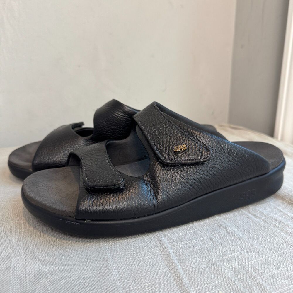 SAS Womens 9.5 Wide Tripad Comfort Black Leather Velcro Sandals 2191209